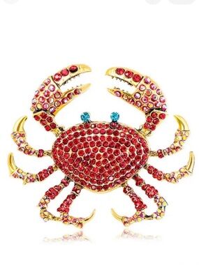 Gold Jeweled Crab Brooch Ruby Red Blue Eye Pin NWT
